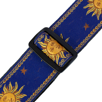 Levy's Sun Motif Weave w Leather Backing - Yellow on Blue Guitar Strap - Fair Deal Music