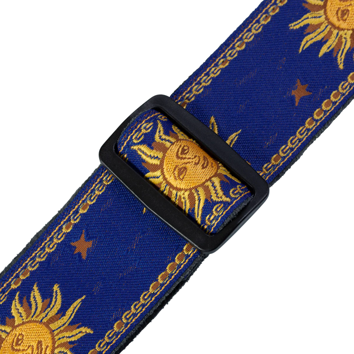 Levy's Sun Motif Weave w Leather Backing - Yellow on Blue Guitar Strap - Fair Deal Music