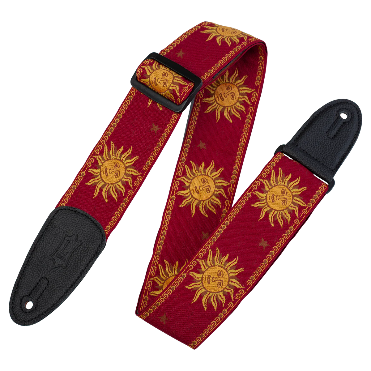 Levy's Sun Motif Weave w Leather Backing - Yellow on Red Guitar Strap - Fair Deal Music