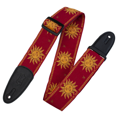 Levy's Sun Motif Weave w Leather Backing - Yellow on Red Guitar Strap - Fair Deal Music