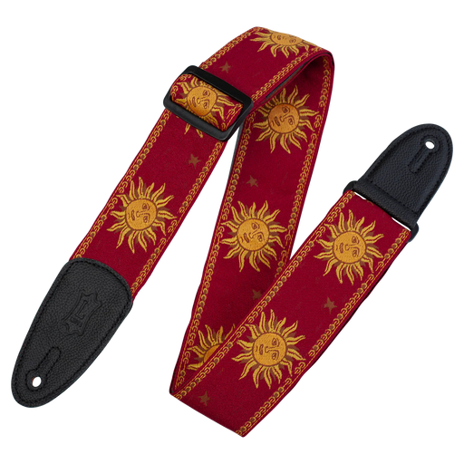 Levy's Sun Motif Weave w Leather Backing - Yellow on Red Guitar Strap - Fair Deal Music