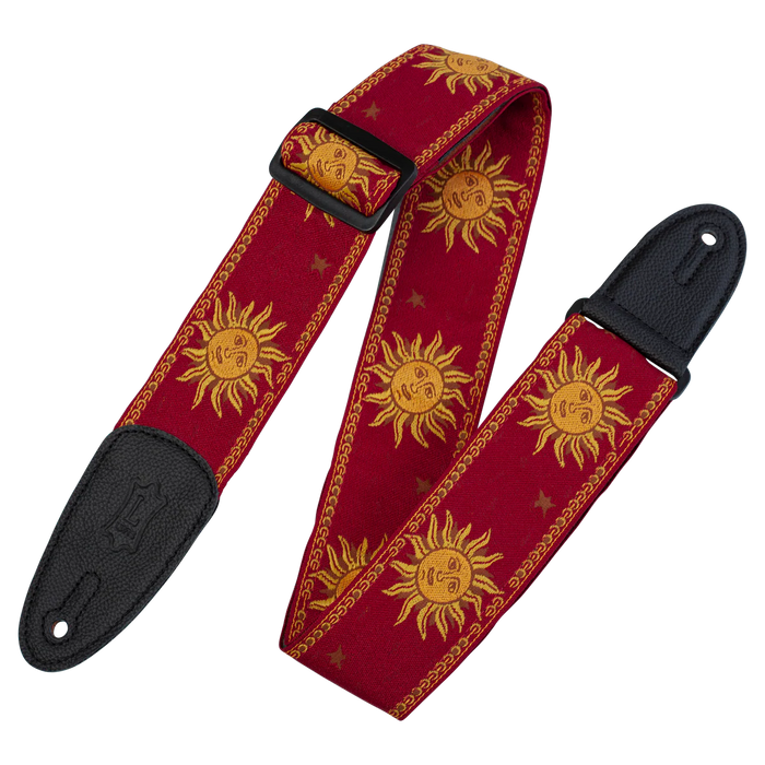 Levy's Sun Motif Weave w Leather Backing - Yellow on Red Guitar Strap - Fair Deal Music