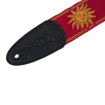 Levy's Sun Motif Weave w Leather Backing - Yellow on Red Guitar Strap - Fair Deal Music
