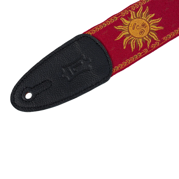 Levy's Sun Motif Weave w Leather Backing - Yellow on Red Guitar Strap - Fair Deal Music