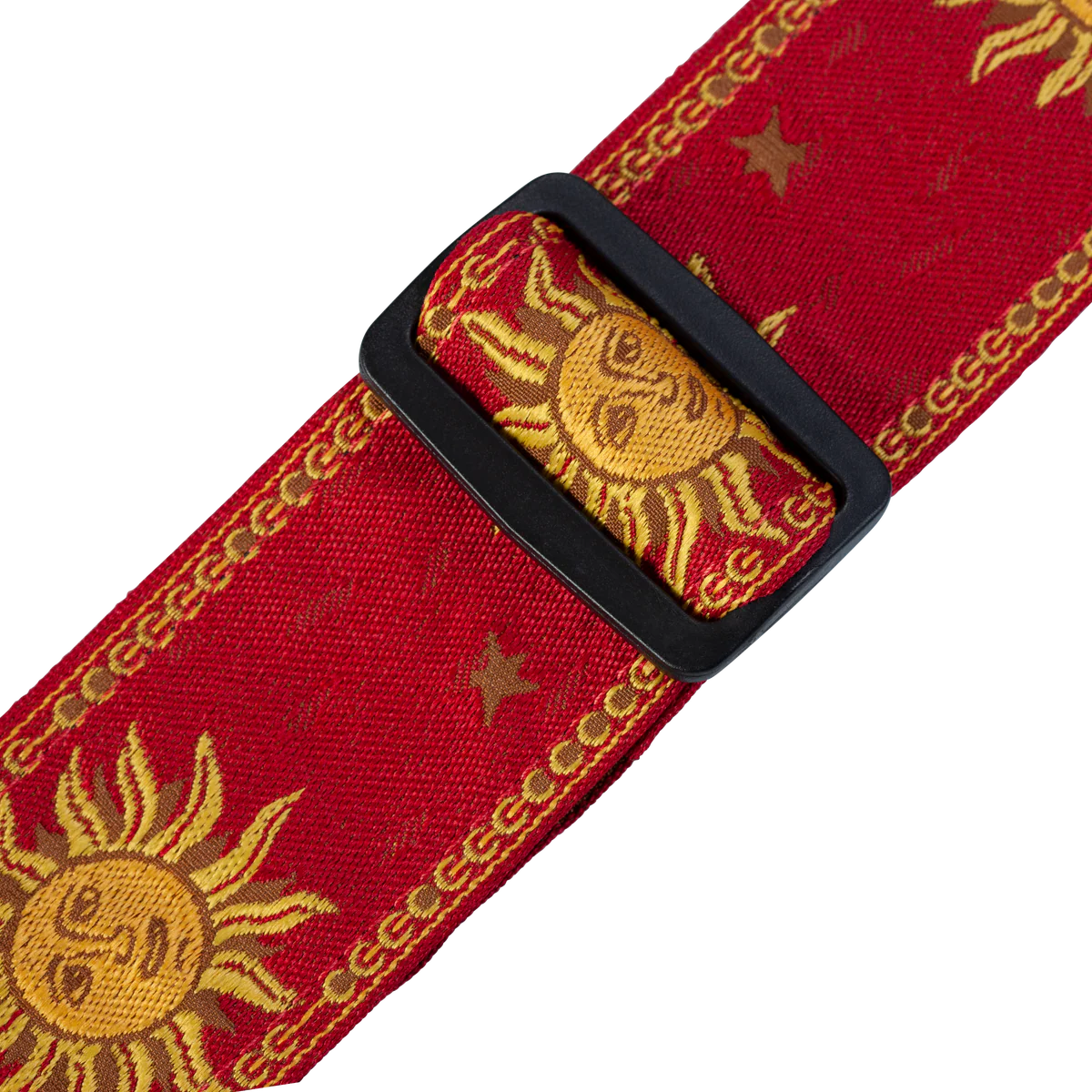 Levy's Sun Motif Weave w Leather Backing - Yellow on Red Guitar Strap - Fair Deal Music