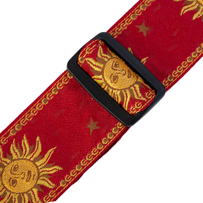 Levy's Sun Motif Weave w Leather Backing - Yellow on Red Guitar Strap - Fair Deal Music
