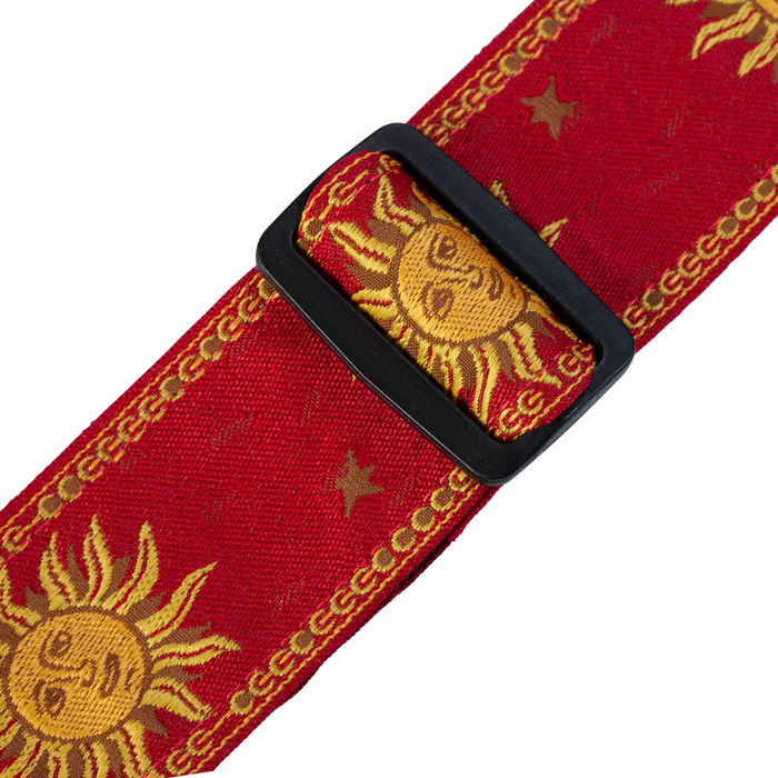 Levy's Sun Motif Weave w Leather Backing - Yellow on Red Guitar Strap - Fair Deal Music