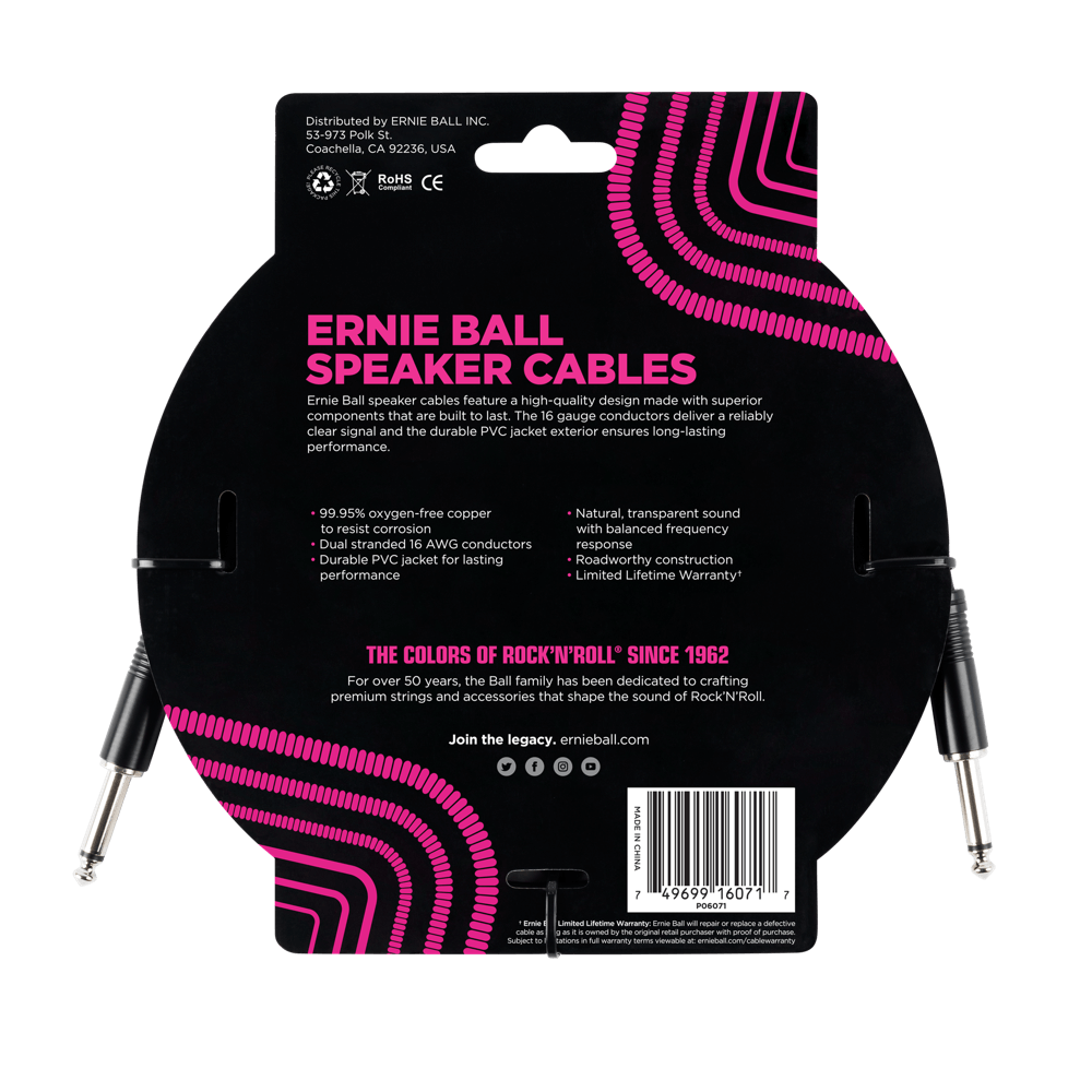 Ernie Ball P06071 3ft Straight-Straight Speaker Cable, Black - Fair Deal Music