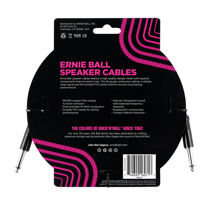 Ernie Ball P06071 3ft Straight-Straight Speaker Cable, Black - Fair Deal Music