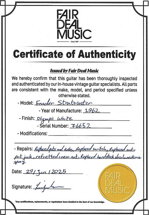 1962 Fender Stratocaster in Olympic White, (Used, Comm) - Fair Deal Music