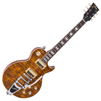 Vintage V100 ReIssued Electric Guitar w/Bigsby ~ Flamed Amber - Fair Deal Music