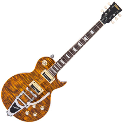 Vintage V100 ReIssued Electric Guitar w/Bigsby ~ Flamed Amber - Fair Deal Music