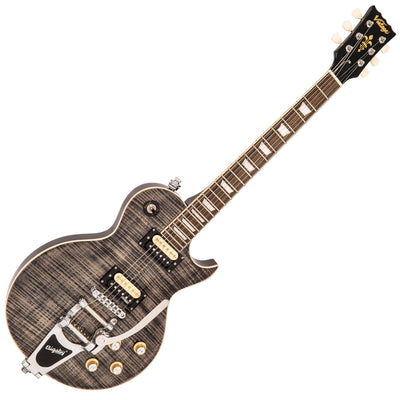 Vintage V100 ReIssued Electric Guitar w/Bigsby ~ Flamed Thru Black - Fair Deal Music