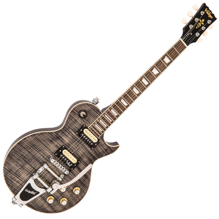 Vintage V100 ReIssued Electric Guitar w/Bigsby ~ Flamed Thru Black - Fair Deal Music