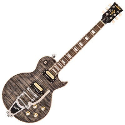 Vintage V100 ReIssued Electric Guitar w/Bigsby ~ Flamed Thru Black - Fair Deal Music
