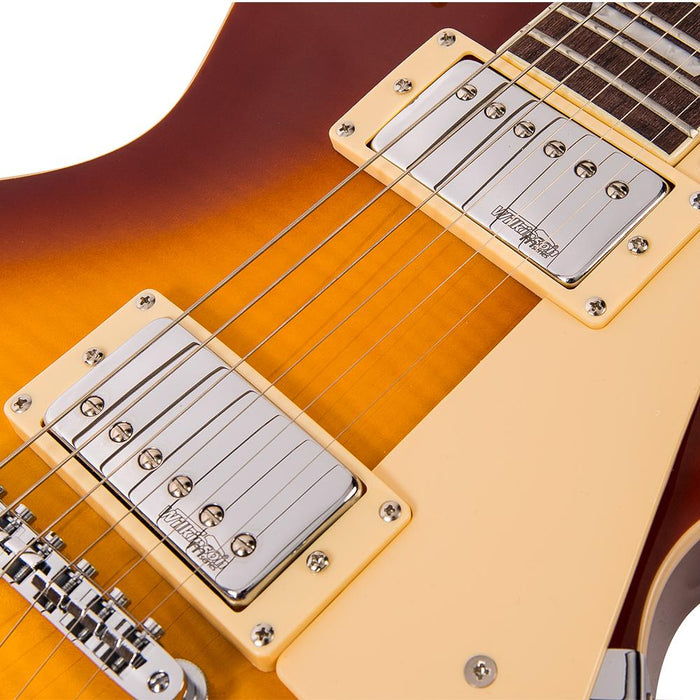 Vintage V100 ReIssued Electric Guitar ~ Flamed Iced Tea - Fair Deal Music