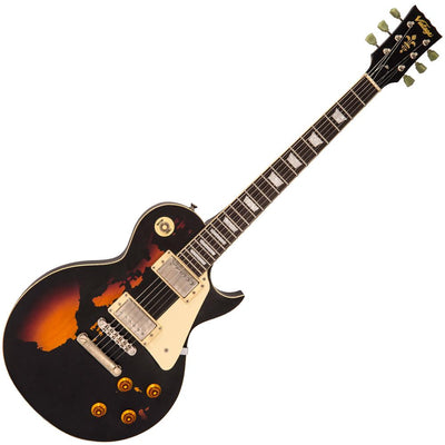 Vintage V100 ICON Electric Guitar ~ Distressed Black Over Sunburst - Fair Deal Music