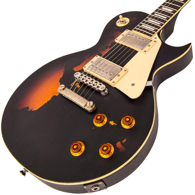 Vintage V100 ICON Electric Guitar ~ Distressed Black Over Sunburst - Fair Deal Music