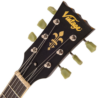 Vintage V100 ICON Electric Guitar ~ Distressed Black Over Sunburst - Fair Deal Music