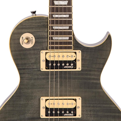 Vintage V100T ReIssued Series Electric Guitar ~ Flamed Thru Black - Fair Deal Music