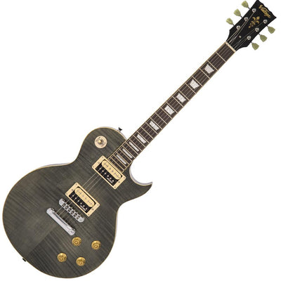 Vintage V100T ReIssued Series Electric Guitar ~ Flamed Thru Black - Fair Deal Music
