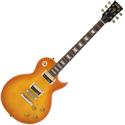 Vintage V100T ReIssued Electric Guitar ~ Flamed Thru Honeyburst - Fair Deal Music