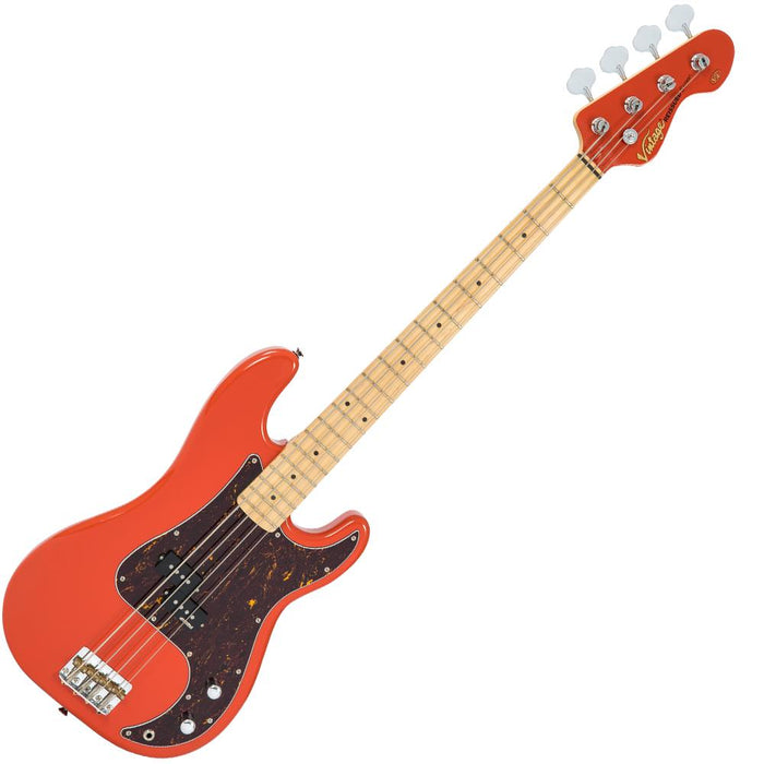 Vintage V4 ReIssued Maple Fingerboard Bass Guitar ~ Firenza Red - Fair Deal Music