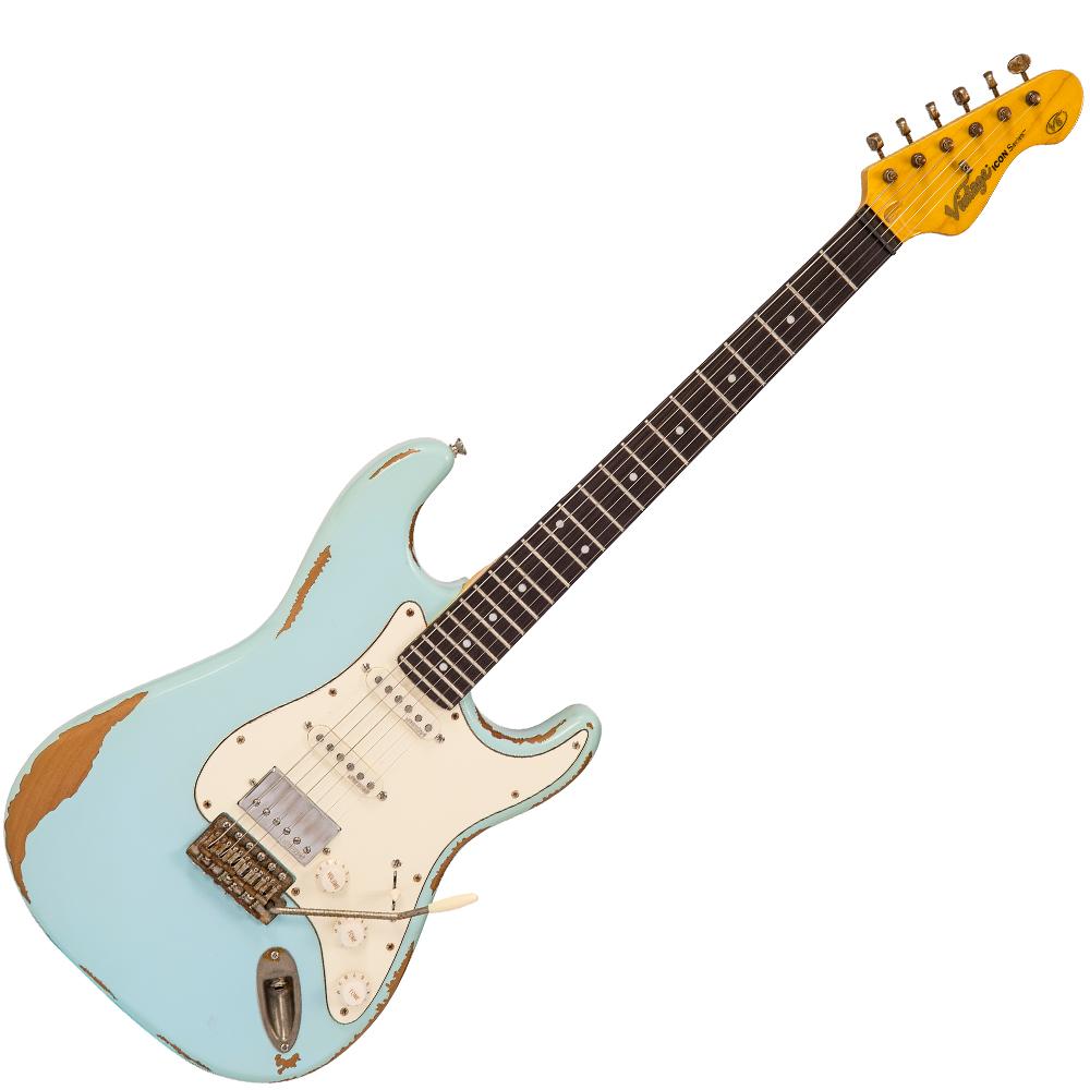 Vintage V6H ICON HSS Electric Guitar ~ Ultra-Gloss Distressed Laguna Blue - Fair Deal Music
