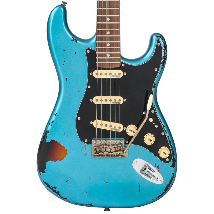 Vintage V6 ICON Electric Guitar ~ Distressed Gun Hill Blue Over Sunburst - Fair Deal Music