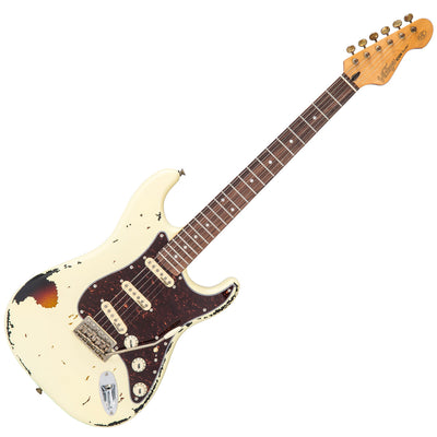 Vintage V6 ICON Electric Guitar ~ Distressed White Over Sunburst - Fair Deal Music