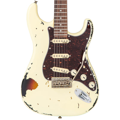 Vintage V6 ICON Electric Guitar ~ Distressed White Over Sunburst - Fair Deal Music