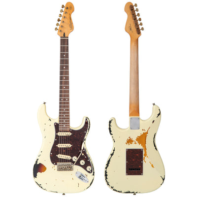 Vintage V6 ICON Electric Guitar ~ Distressed White Over Sunburst - Fair Deal Music