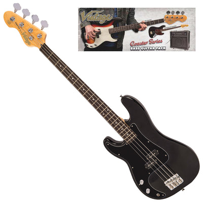 Vintage V40 Coaster Series Bass Guitar Pack ~ Left Hand Boulevard Black - Fair Deal Music