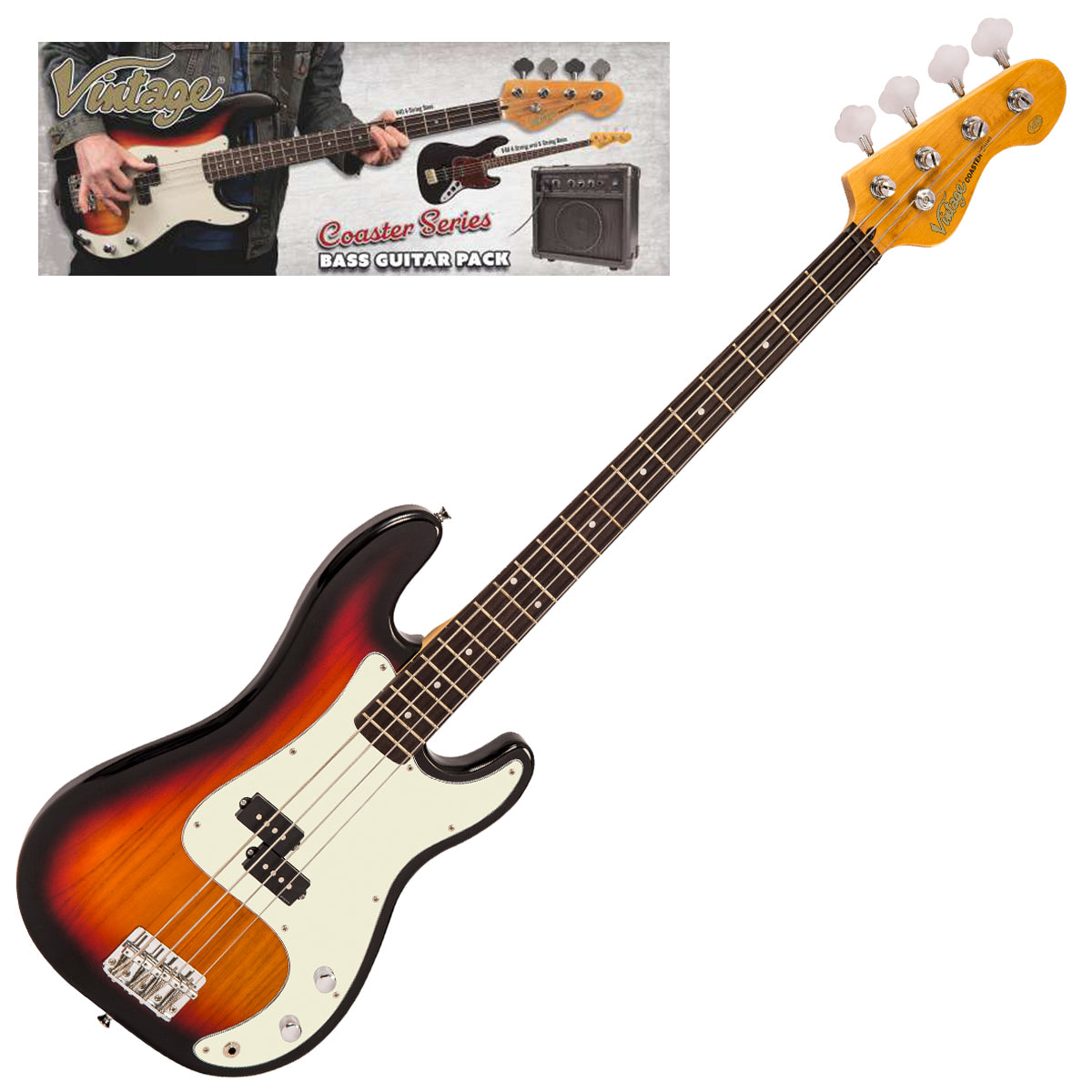 Vintage V40 Coaster Series Bass Guitar Pack ~ 3 Tone Sunburst - Fair Deal Music