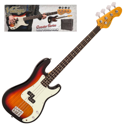 Vintage V40 Coaster Series Bass Guitar Pack ~ 3 Tone Sunburst - Fair Deal Music