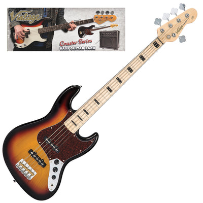 Vintage V495 Coaster Series 5-String Bass Guitar Pack ~ 3 Tone Sunburst - Fair Deal Music