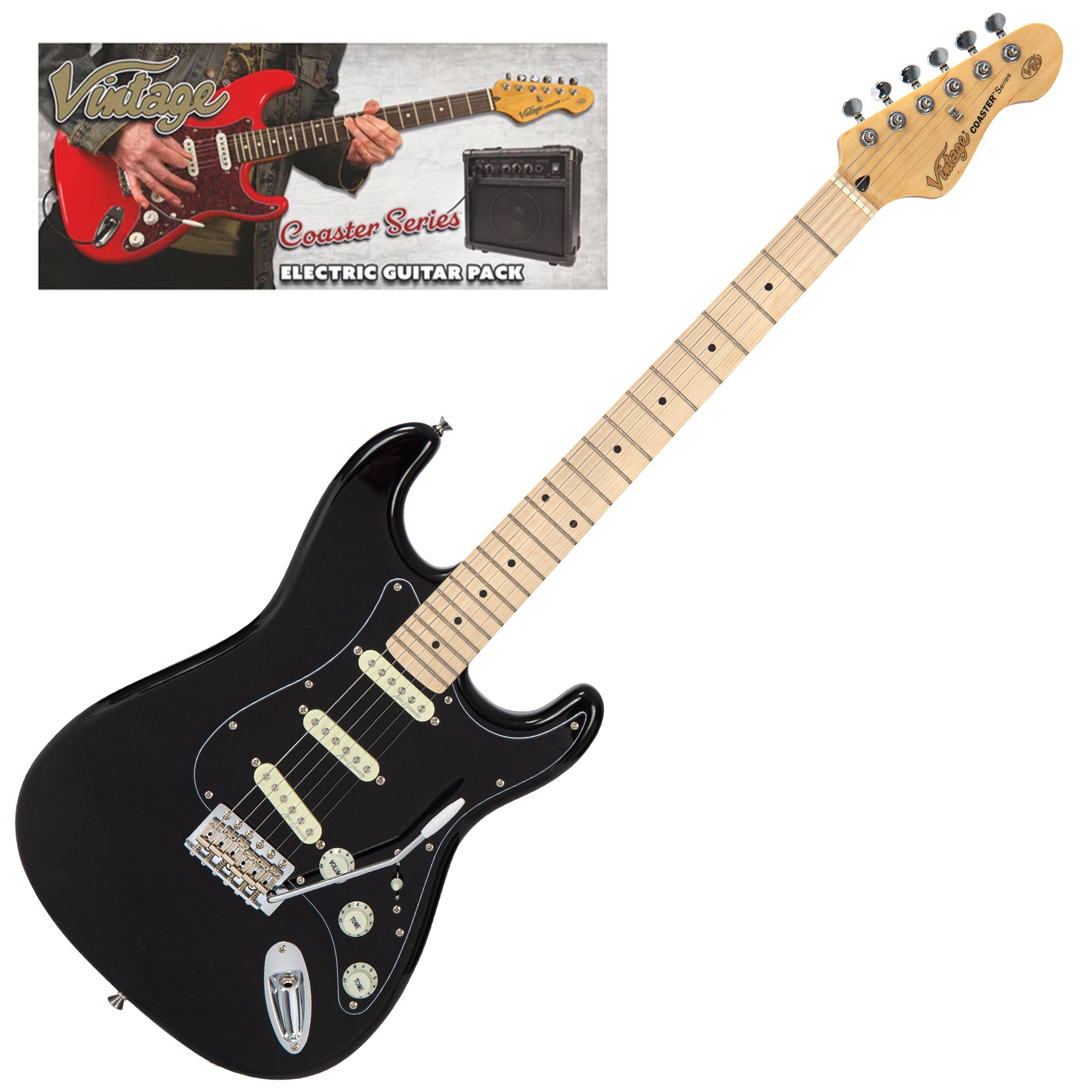 Vintage V60 Maple Coaster Series Electric Guitar Pack ~ Boulevard Black - Fair Deal Music