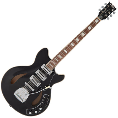 Vintage REVO Series 'Custom Supreme Baritone VI' Semi-Acoustic Guitar ~ Boulevard Black - Fair Deal Music