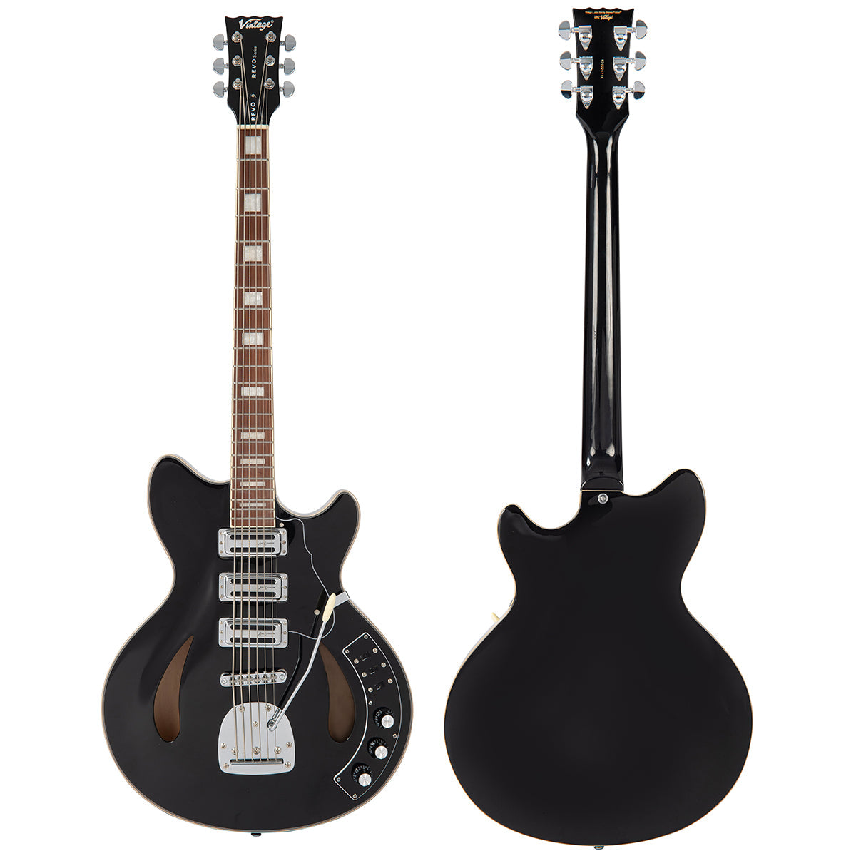 Vintage REVO Series 'Custom Supreme Baritone VI' Semi-Acoustic Guitar ~ Boulevard Black - Fair Deal Music