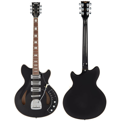 Vintage REVO Series 'Custom Supreme Baritone VI' Semi-Acoustic Guitar ~ Boulevard Black - Fair Deal Music