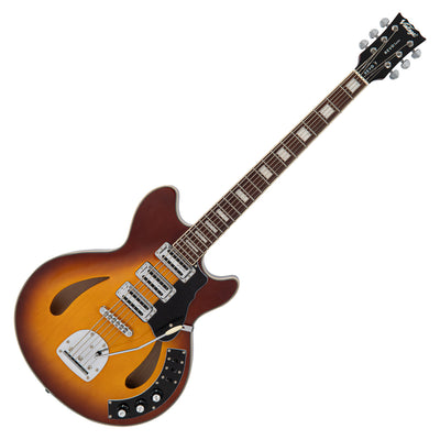 Vintage REVO Series 'Custom Supreme Baritone VI' Semi-Acoustic Guitar ~ Tobacco Sunburst - Fair Deal Music