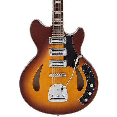 Vintage REVO Series 'Custom Supreme Baritone VI' Semi-Acoustic Guitar ~ Tobacco Sunburst - Fair Deal Music