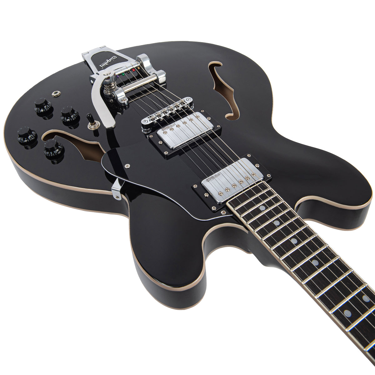 Vintage VSA500B ReIssued Semi Acoustic Guitar w/Bigsby ~ Boulevard Black - Fair Deal Music