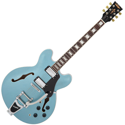 Vintage VSA500B ReIssued Semi Acoustic Guitar w/Bigsby ~ Gun Hill Blue - Fair Deal Music