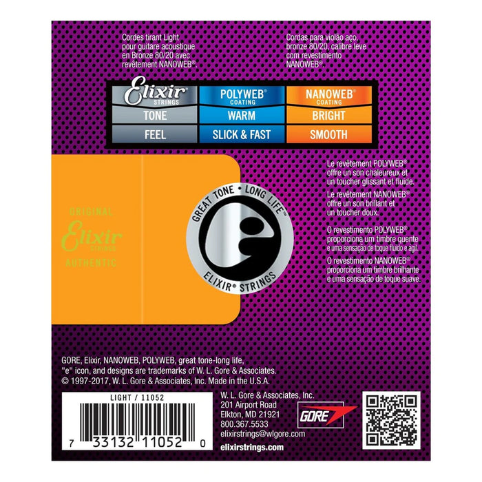 Elixir E11102 80/20 Nanoweb Custom Light Acoustic Strings, 13-56 - Fair Deal Music