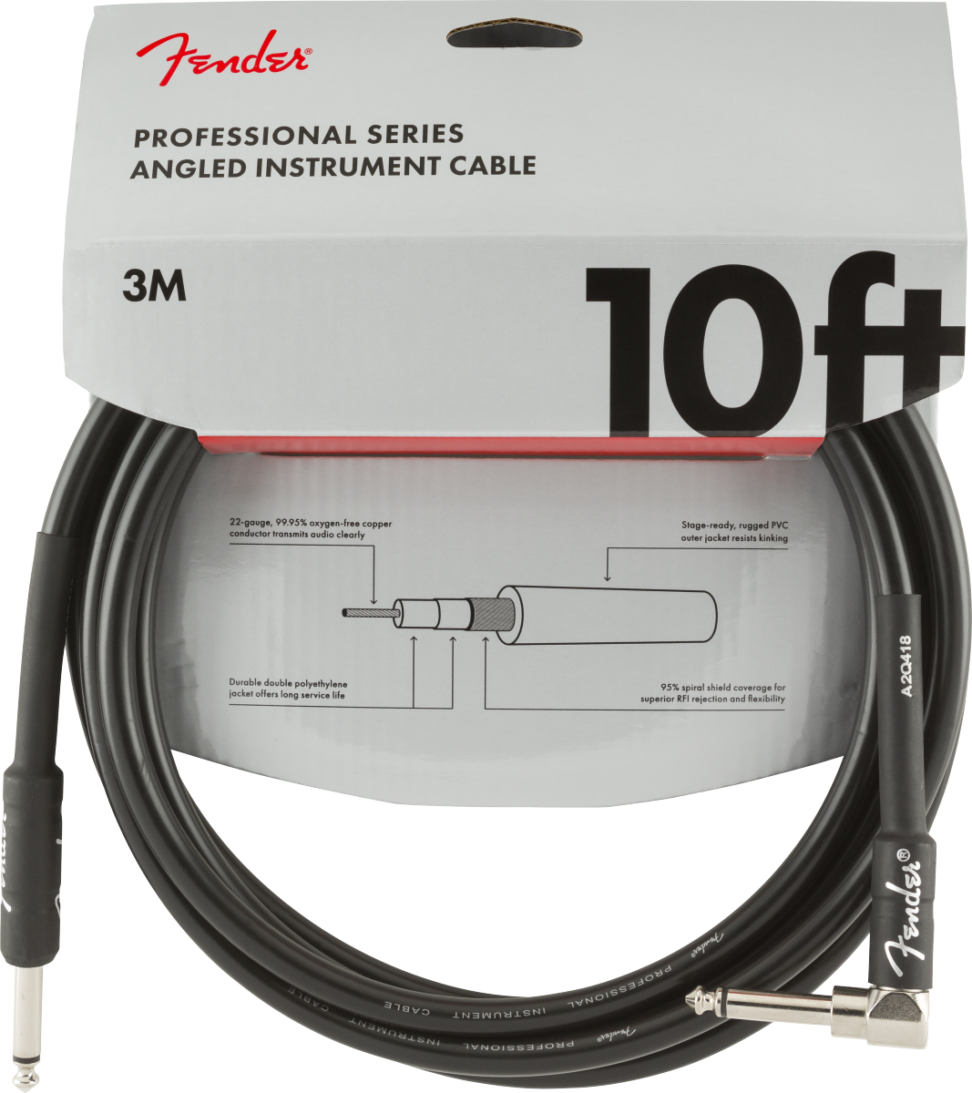 Fender Professional Series Instrument Cable, 10ft Straight/Angled, Black - Fair Deal Music
