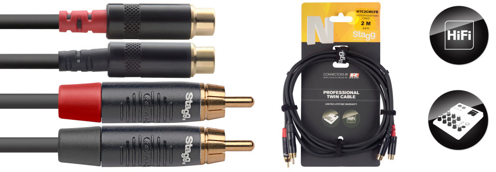 Stagg NTC2CMCFR 2M/6FT TWIN CABLE RCAm-RCAf DL - Fair Deal Music