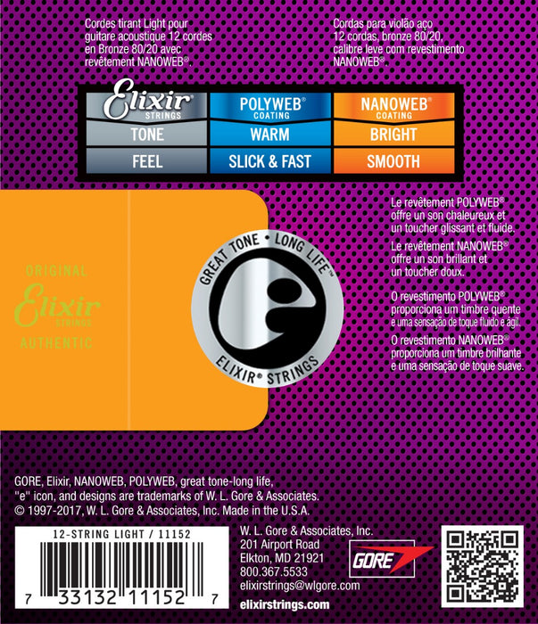 Elixir E11152 Nanoweb Light Top 12-String Acoustic Strings, 10-47 - Fair Deal Music