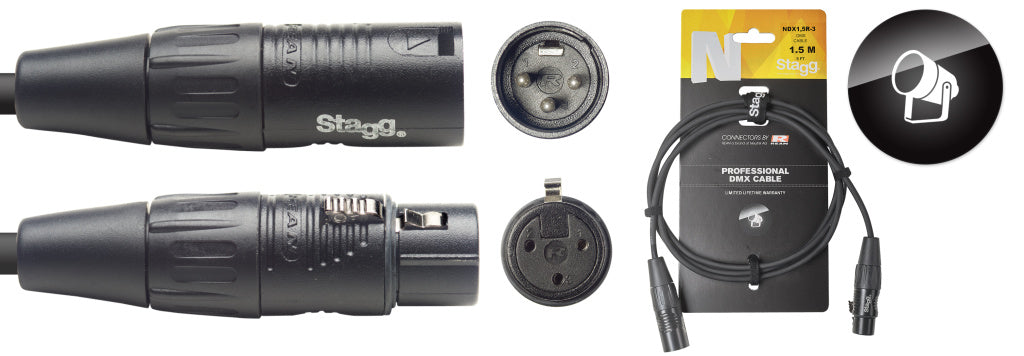 Stagg NDX1,5R-3 1,5M/5FT DMX XLRf-XLRm 3P BK - Fair Deal Music