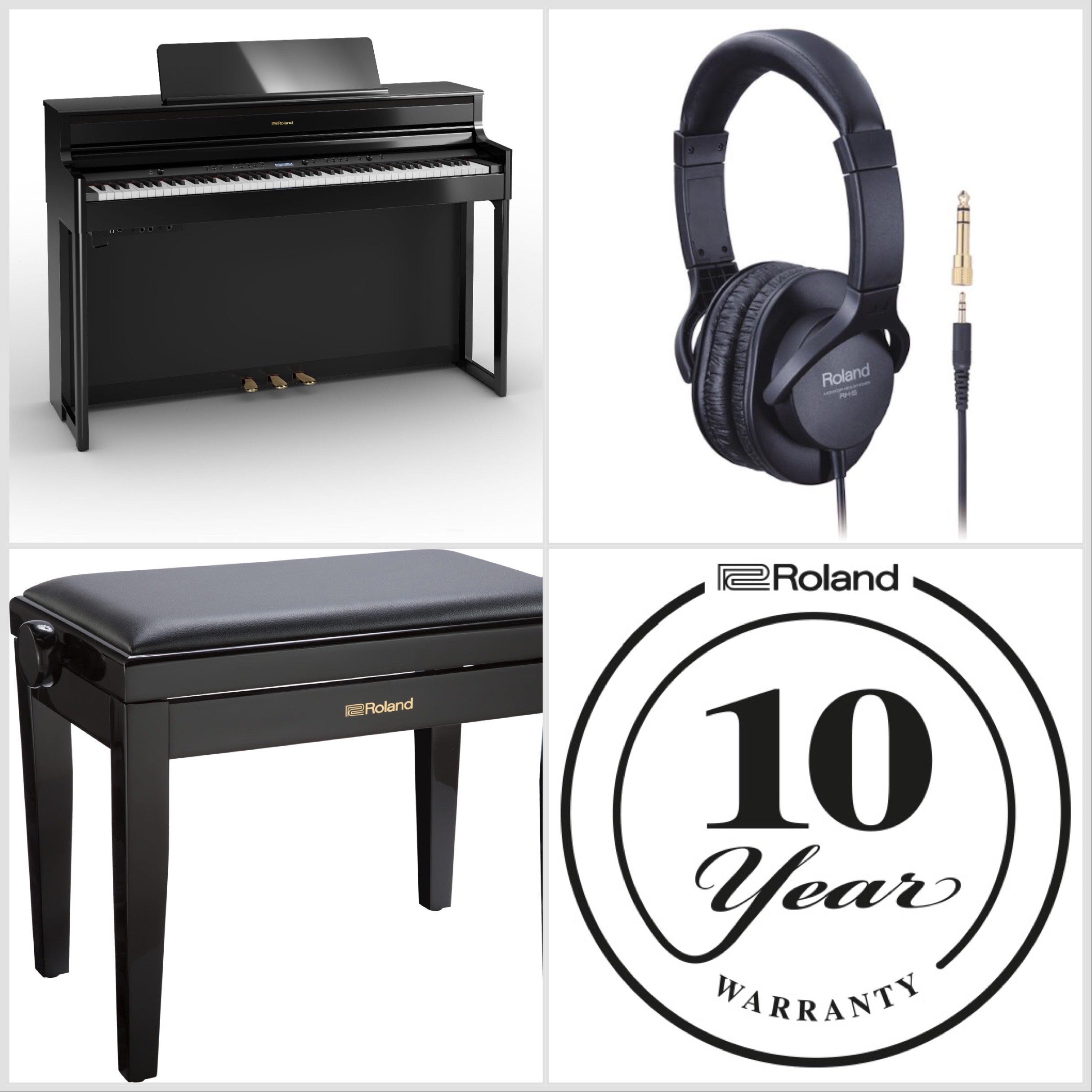 Roland HP704-PE Digital Upright Piano Polished Ebony Bundle - Fair Deal Music